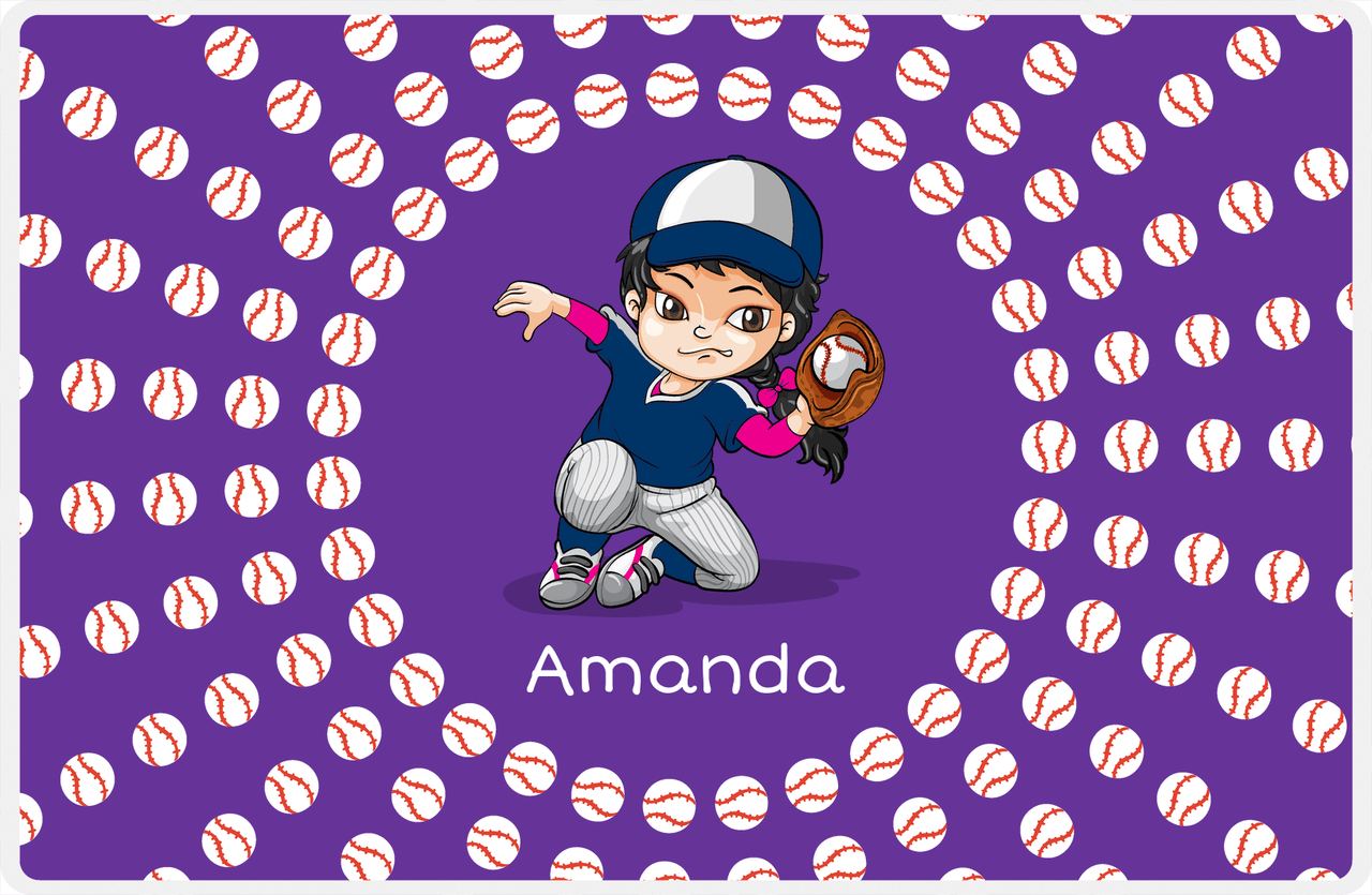Personalized Baseball Placemat XXXV - Purple Background - Black Hair Girl -  View