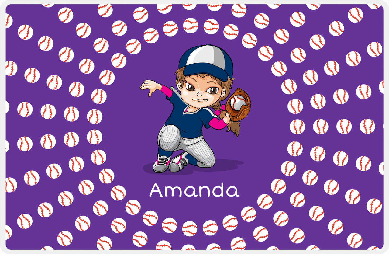 Personalized Baseball Placemat XXXV - Purple Background - Brunette Girl -  View