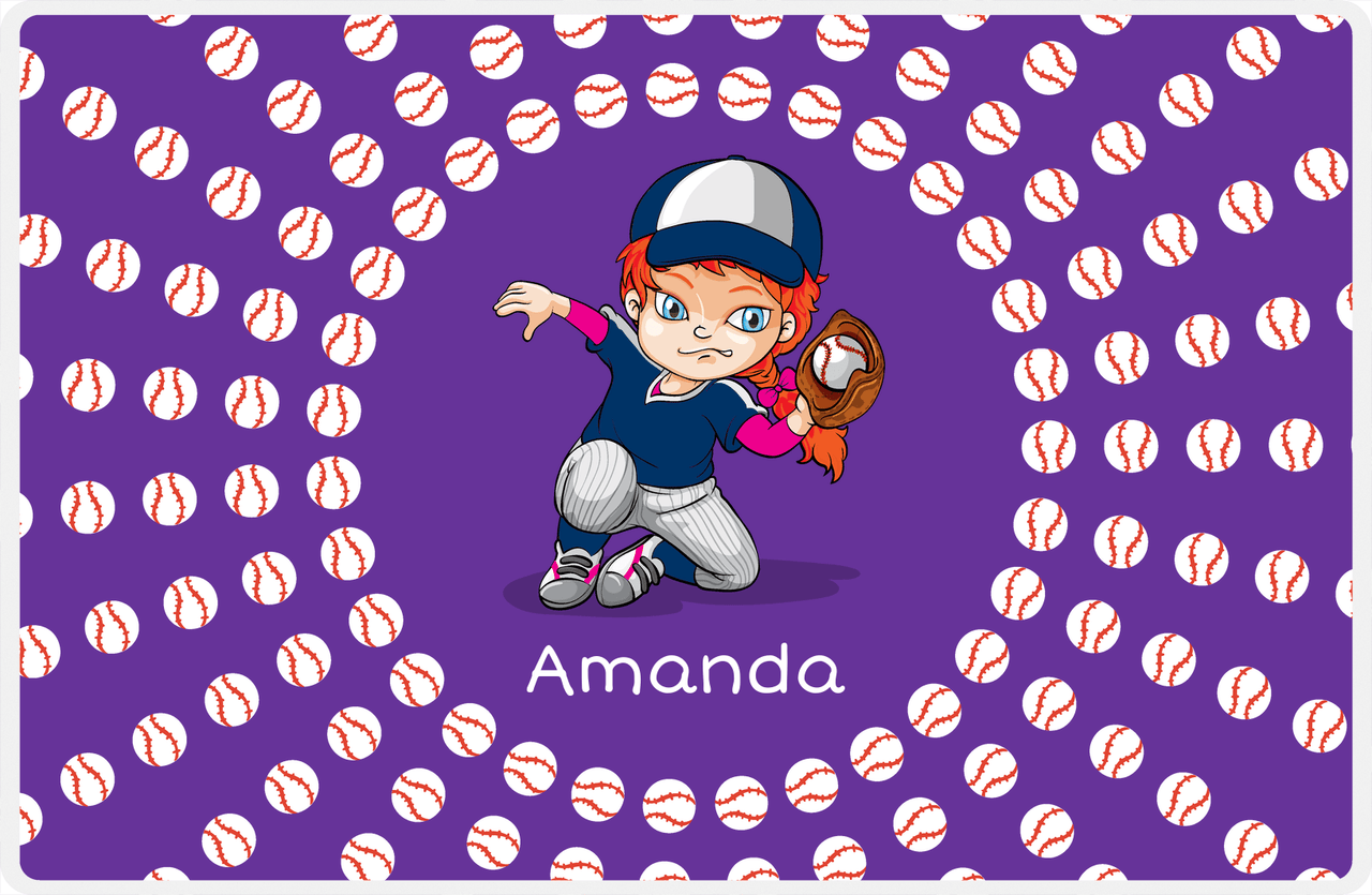 Personalized Baseball Placemat XXXV - Purple Background - Redhead Girl -  View