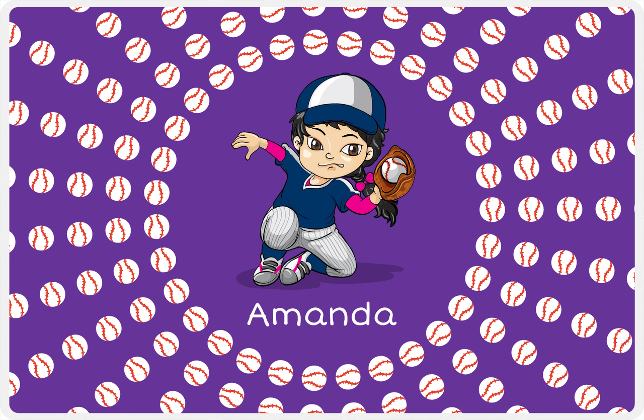Personalized Baseball Placemat XXXV - Purple Background - Black Hair Girl II -  View