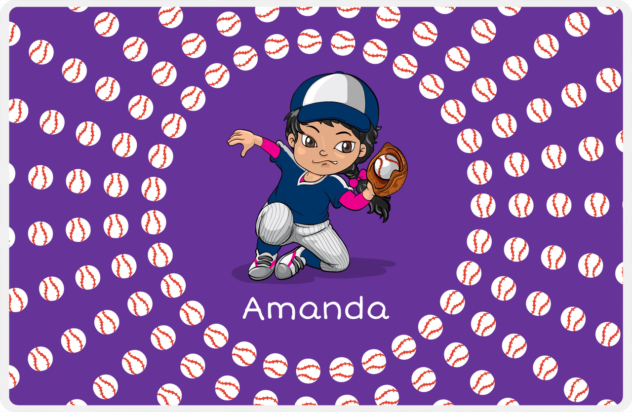 Personalized Baseball Placemat XXXV - Purple Background - Black Hair Girl III -  View