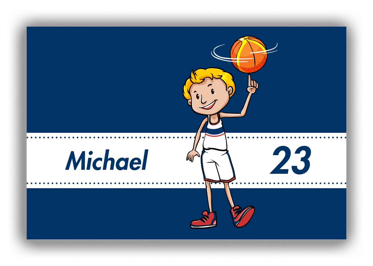 Personalized Basketball Canvas Wrap & Photo Print I - Blue Background - Blond Boy - Front View