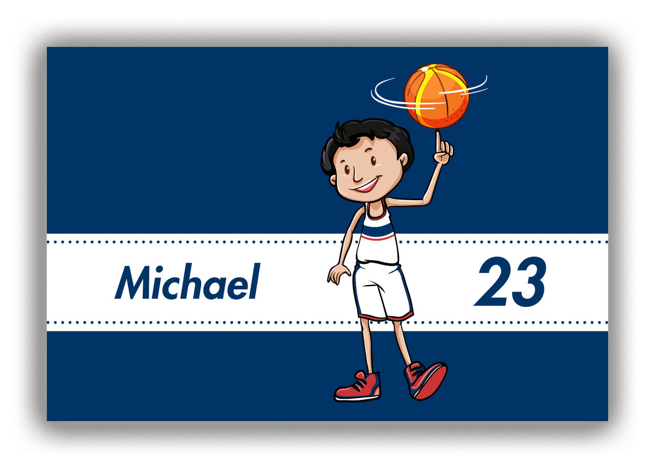 Personalized Basketball Canvas Wrap & Photo Print I - Blue Background - Black Hair Boy - Front View