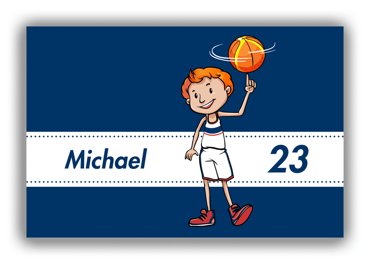 Personalized Basketball Canvas Wrap & Photo Print I - Blue Background - Redhead Boy - Front View