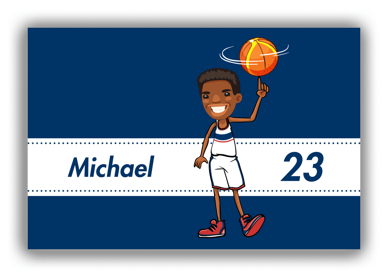 Personalized Basketball Canvas Wrap & Photo Print I - Blue Background - Black Boy I - Front View