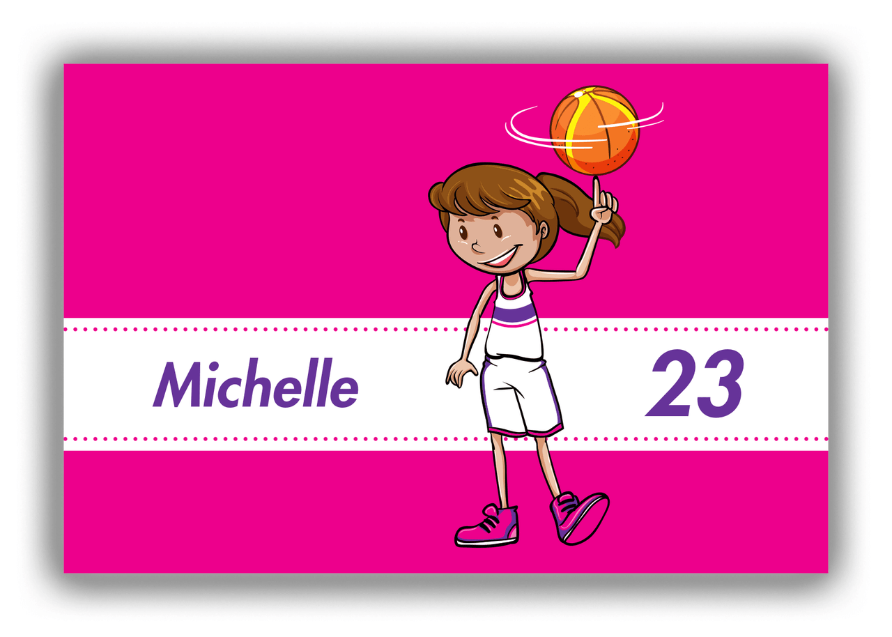 Personalized Basketball Canvas Wrap & Photo Print II - Pink Background - Brown Hair Girl - Front View