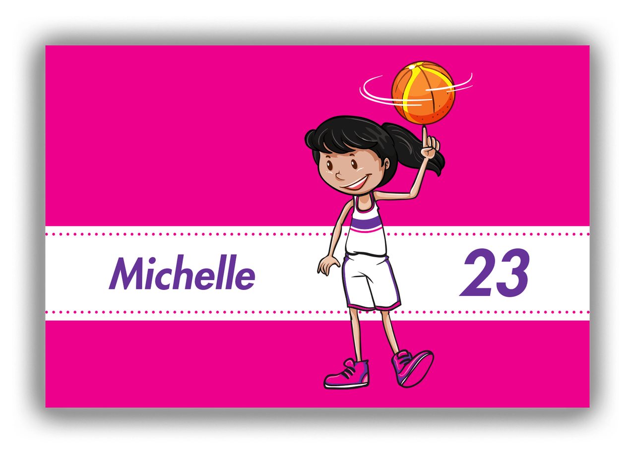 Personalized Basketball Canvas Wrap & Photo Print II - Pink Background - Black Hair Girl - Front View