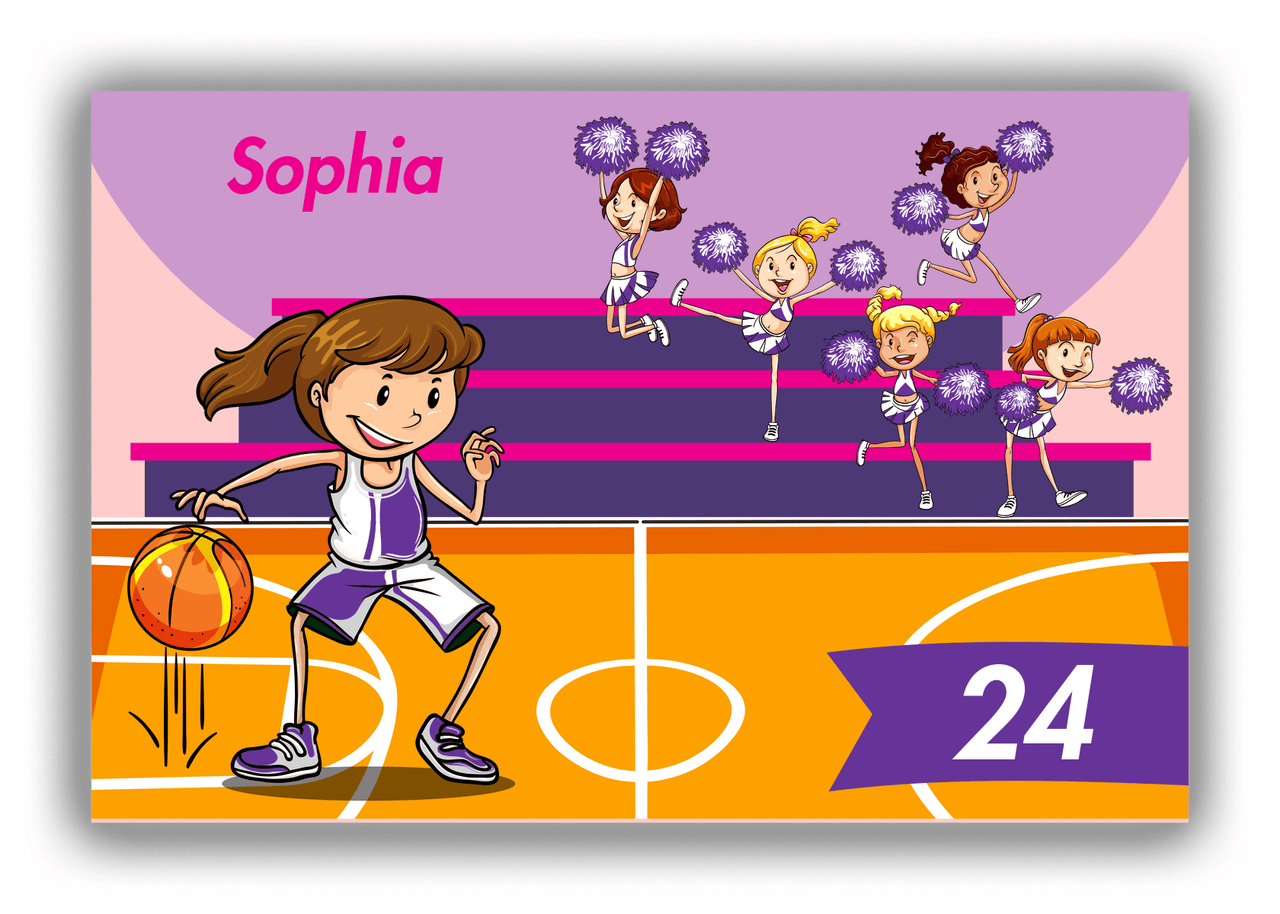 Personalized Basketball Canvas Wrap & Photo Print IV - Pink Background - Brunette Girl - Front View