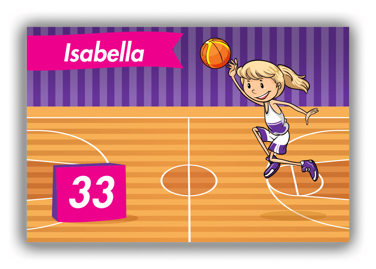 Personalized Basketball Canvas Wrap & Photo Print VI - Purple Background - Blonde Girl - Front View