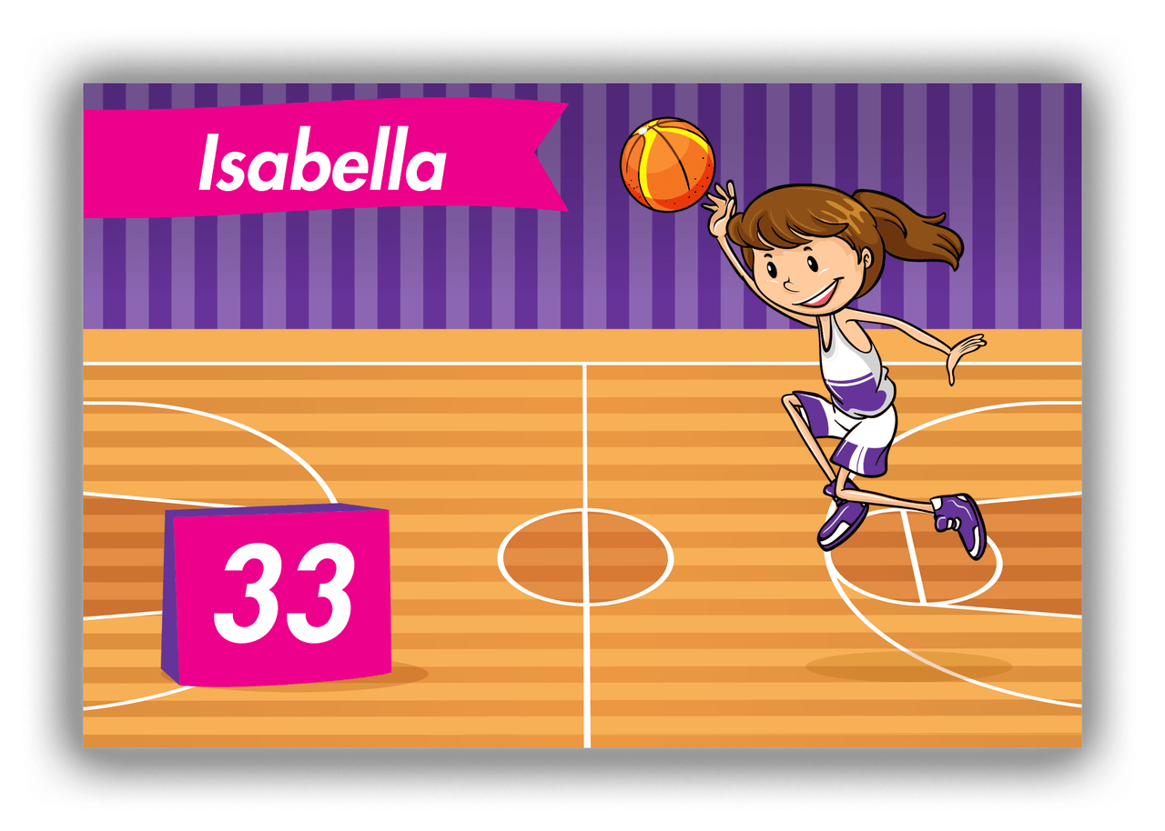 Personalized Basketball Canvas Wrap & Photo Print VI - Purple Background - Brunette Girl - Front View