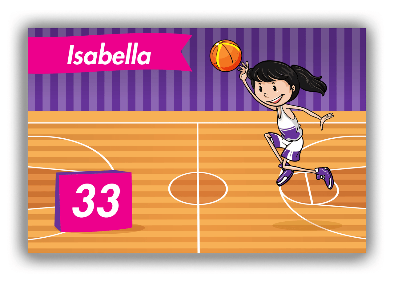 Personalized Basketball Canvas Wrap & Photo Print VI - Purple Background - Black Hair Girl - Front View