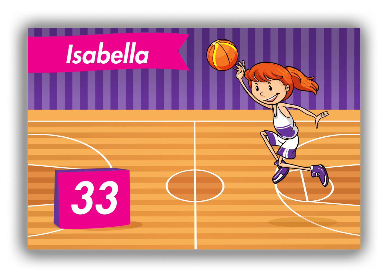 Personalized Basketball Canvas Wrap & Photo Print VI - Purple Background - Redhead Girl - Front View