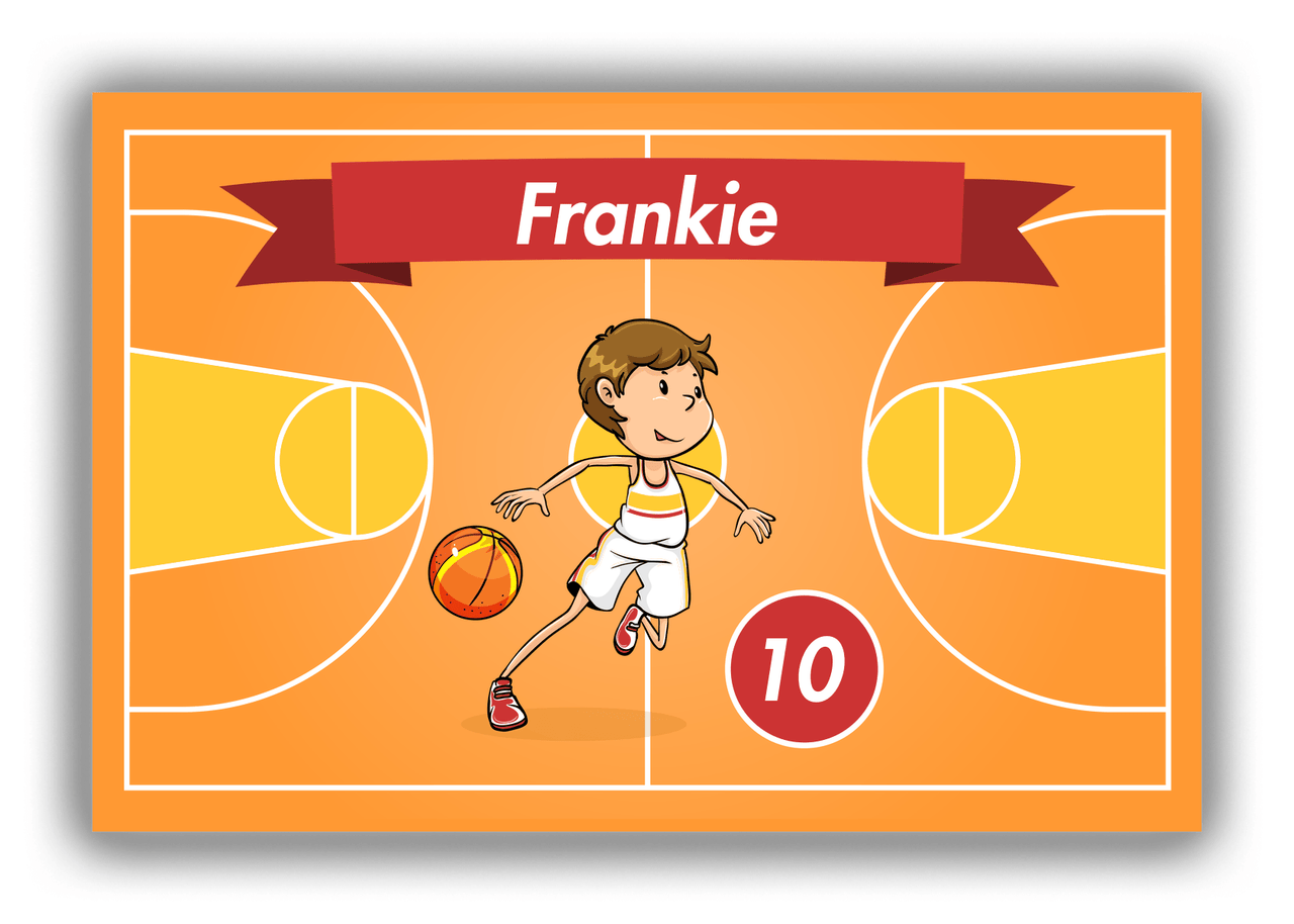 Personalized Basketball Canvas Wrap & Photo Print VII - Orange Background - Brown Hair Boy - Front View