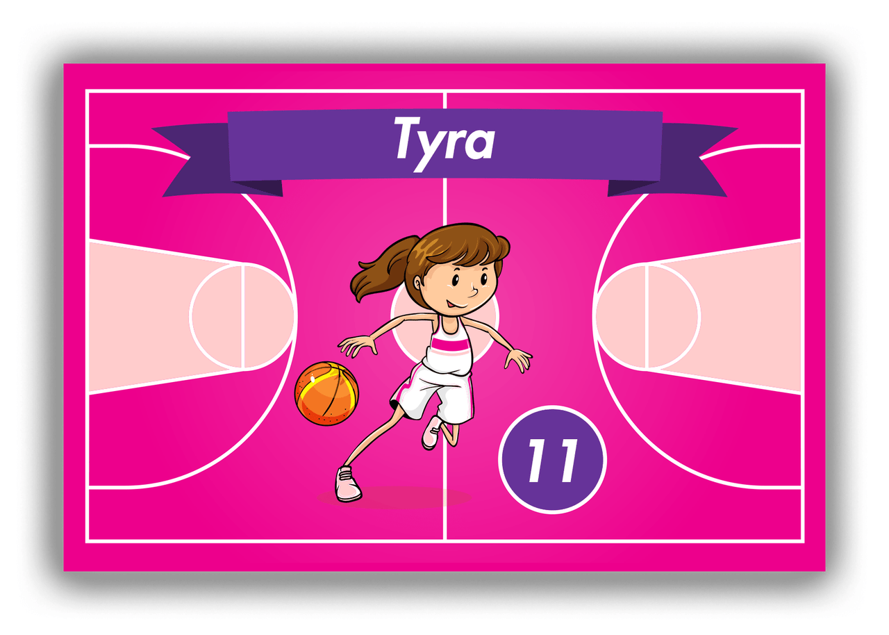 Personalized Basketball Canvas Wrap & Photo Print VIII - Pink Background - Brunette Girl - Front View