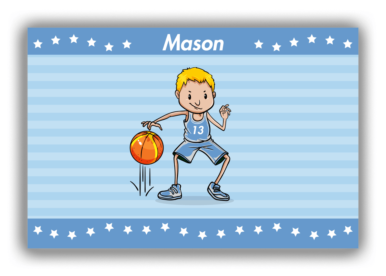 Personalized Basketball Canvas Wrap & Photo Print IX - Blue Background - Blond Boy - Front View