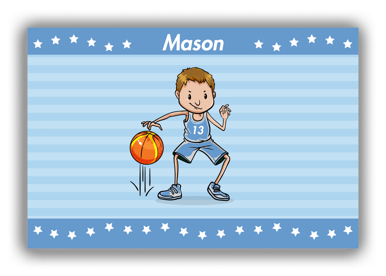 Personalized Basketball Canvas Wrap & Photo Print IX - Blue Background - Brown Hair Boy - Front View