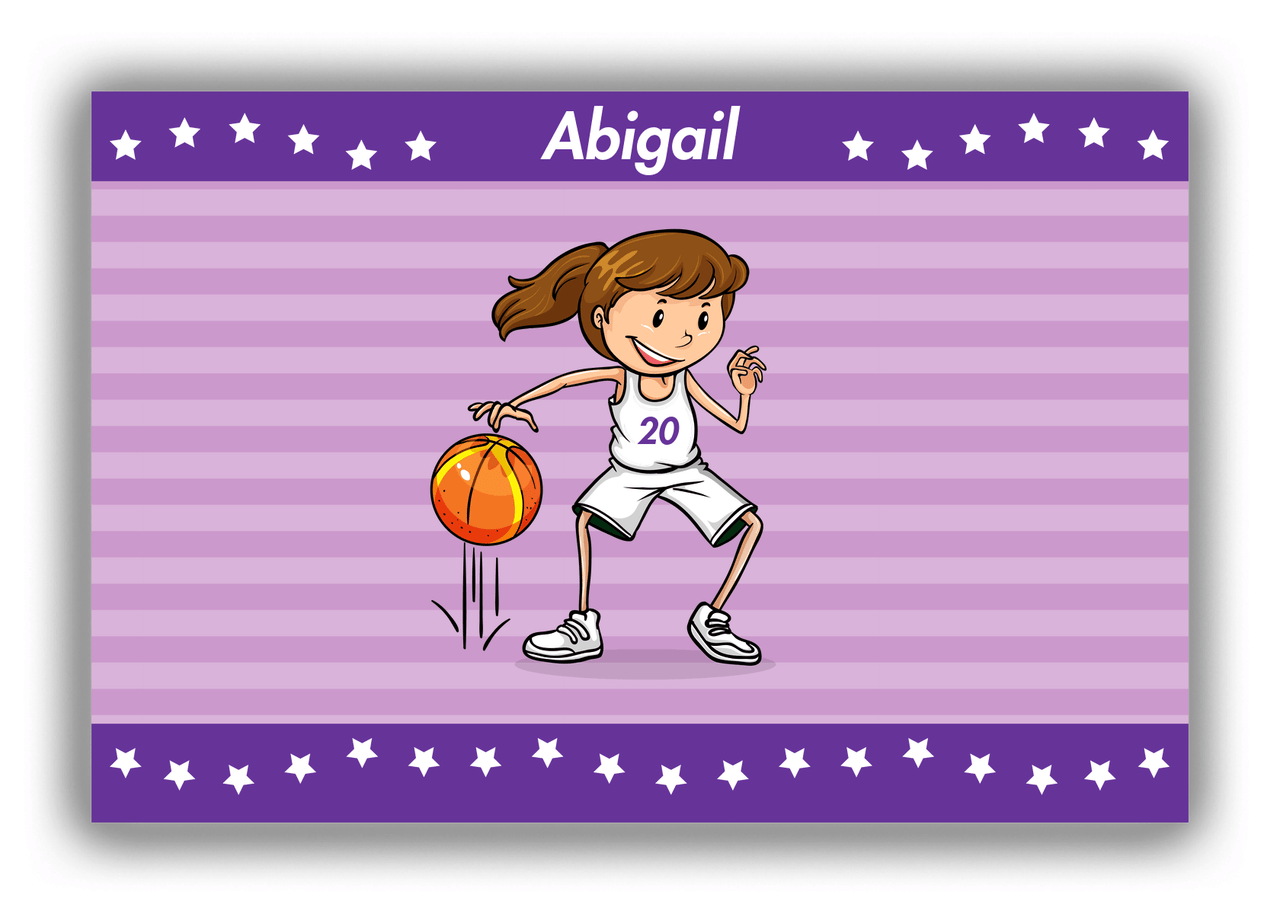 Personalized Basketball Canvas Wrap & Photo Print X - Purple Background - Brunette Girl - Front View