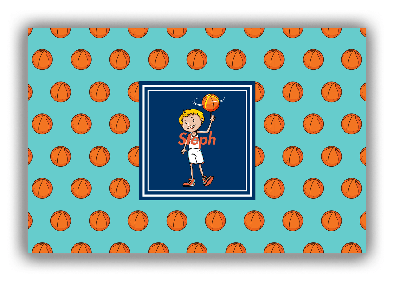 Personalized Basketball Canvas Wrap & Photo Print XI - Teal Background - Blond Boy - Front View