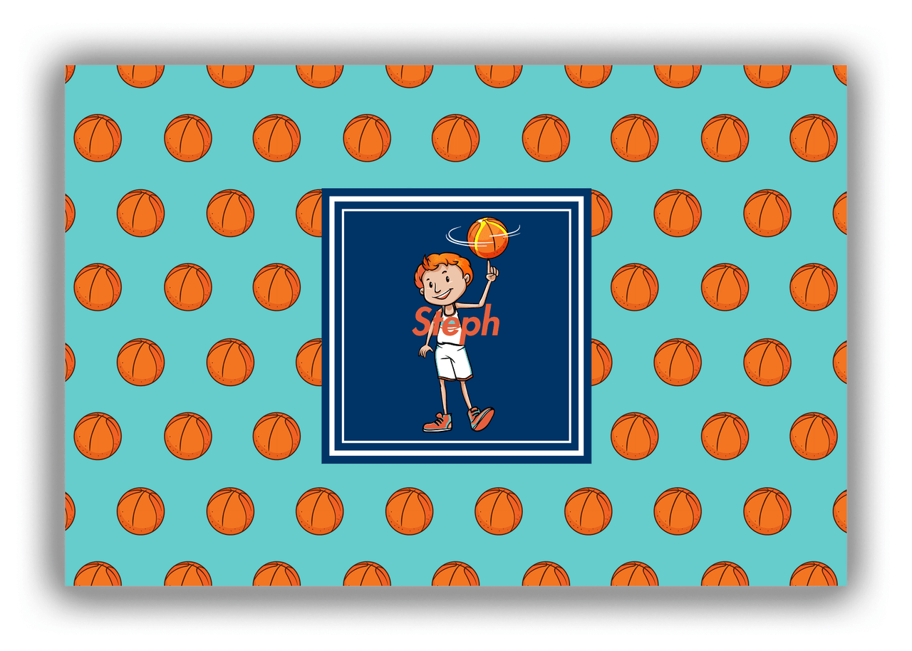 Personalized Basketball Canvas Wrap & Photo Print XI - Teal Background - Redhead Boy - Front View