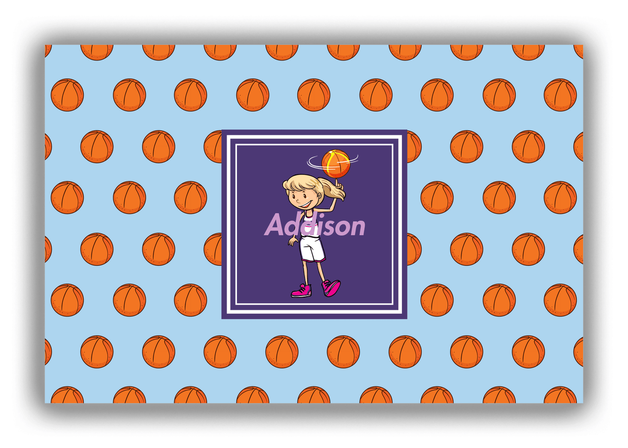 Personalized Basketball Canvas Wrap & Photo Print XII - Blue Background - Blonde Girl - Front View