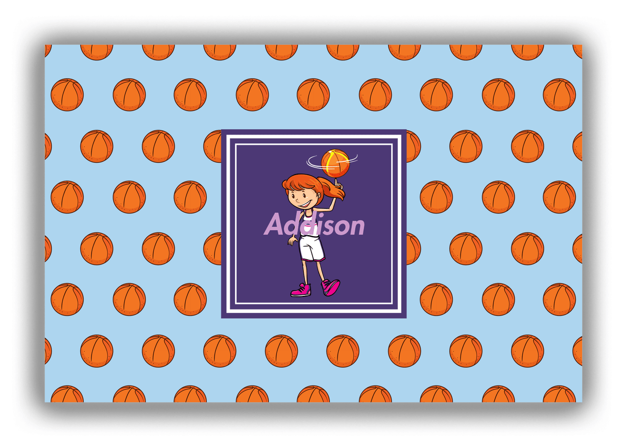Personalized Basketball Canvas Wrap & Photo Print XII - Blue Background - Redhead Girl - Front View