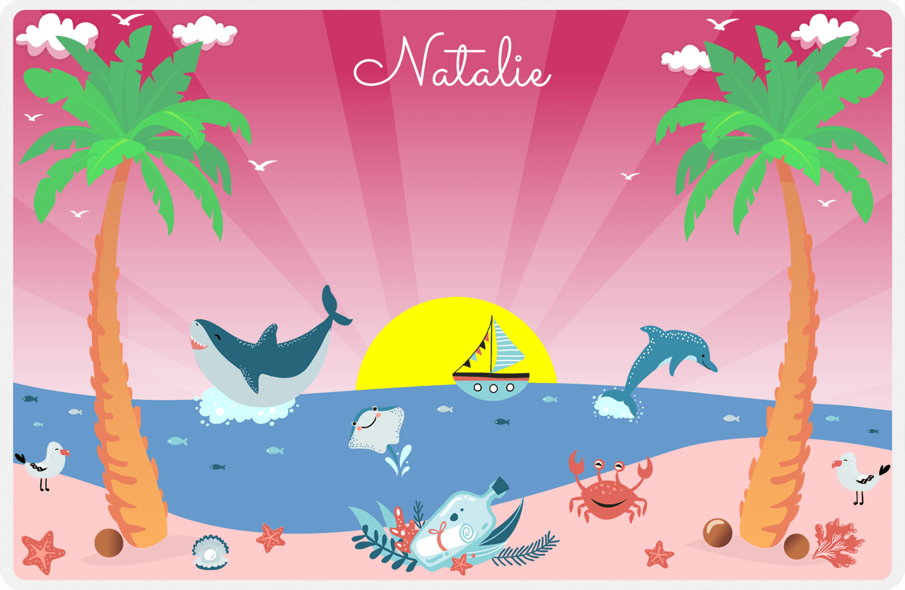 Personalized Beach Animals Placemat II - Sunset Sail - Red Background -  View