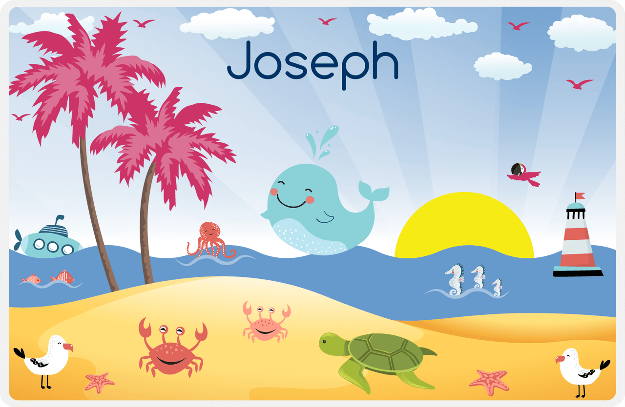 Personalized Beach Animals Placemat III - Happy Whale - Blue Background -  View