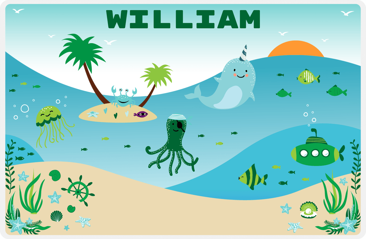 Personalized Beach Animals Placemat IV - Beach Life - Teal Background -  View
