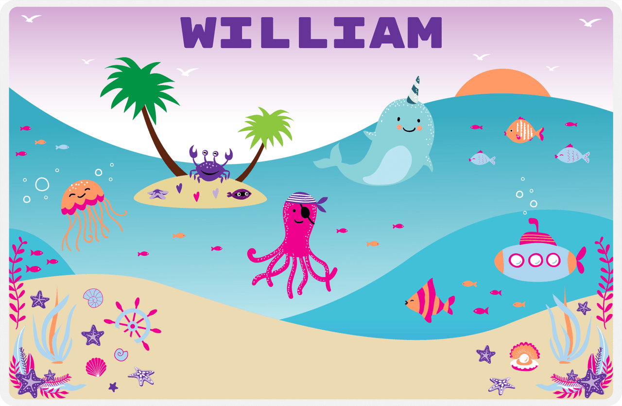 Personalized Beach Animals Placemat IV - Beach Life - Purple Background -  View
