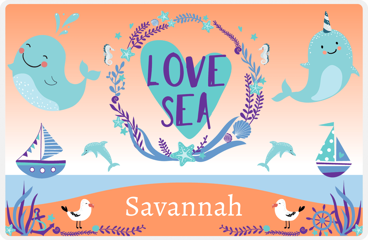 Personalized Beach Animals Placemat V - Love Sea - Orange Background -  View
