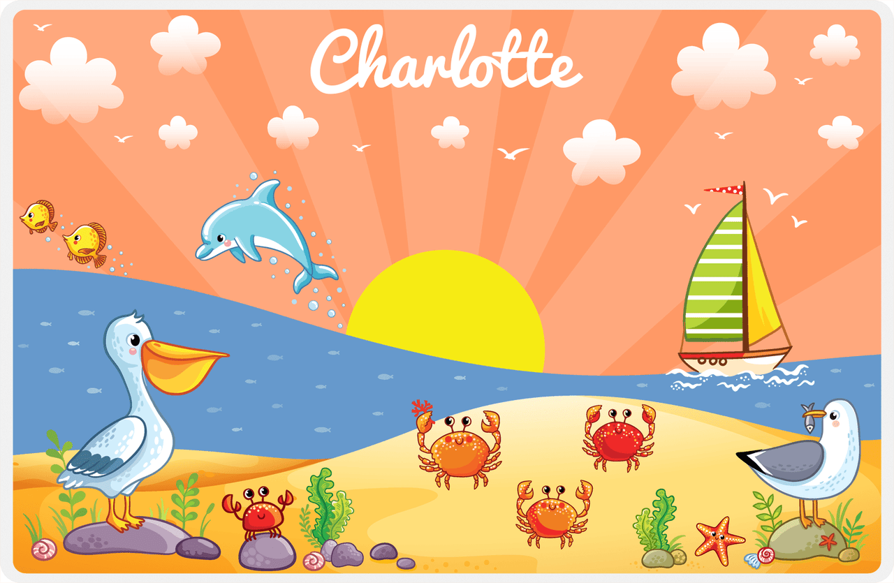 Personalized Beach Animals Placemat VII - Pelican Dunes - Orange Background -  View