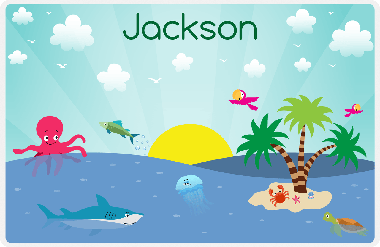 Personalized Beach Animals Placemat XI - Island Beach - Teal Background -  View