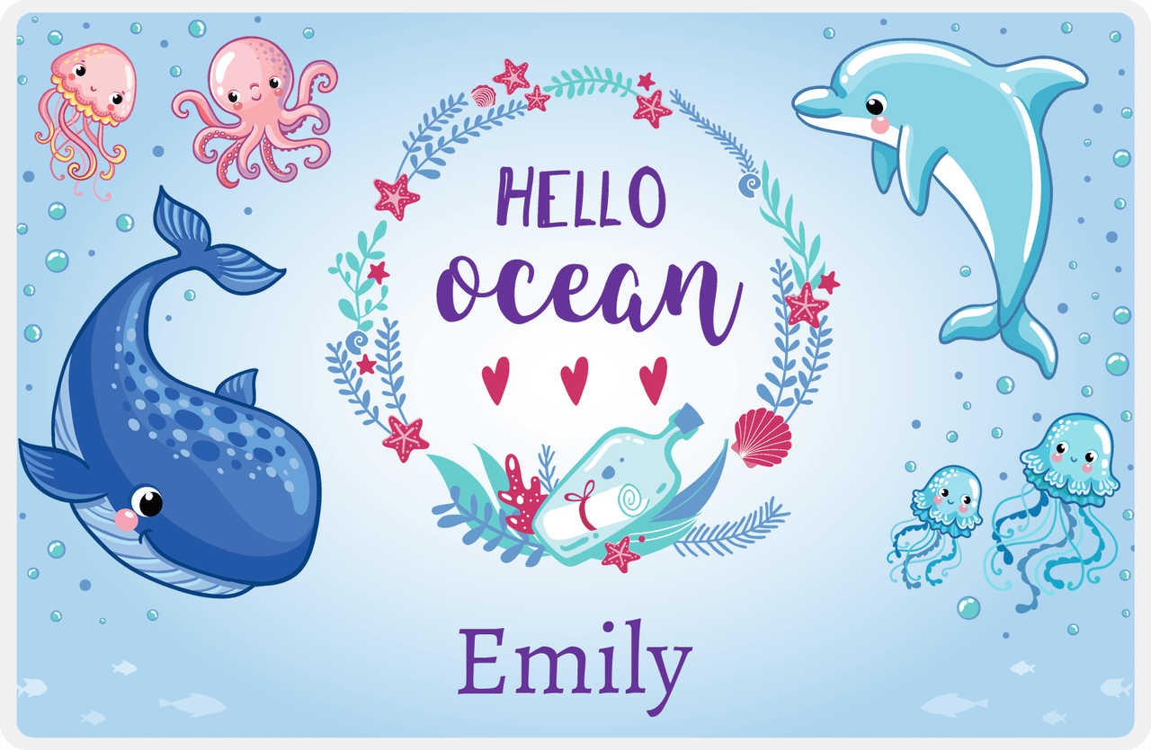Personalized Beach Animals Placemat XII - Hello Ocean - Blue Background -  View