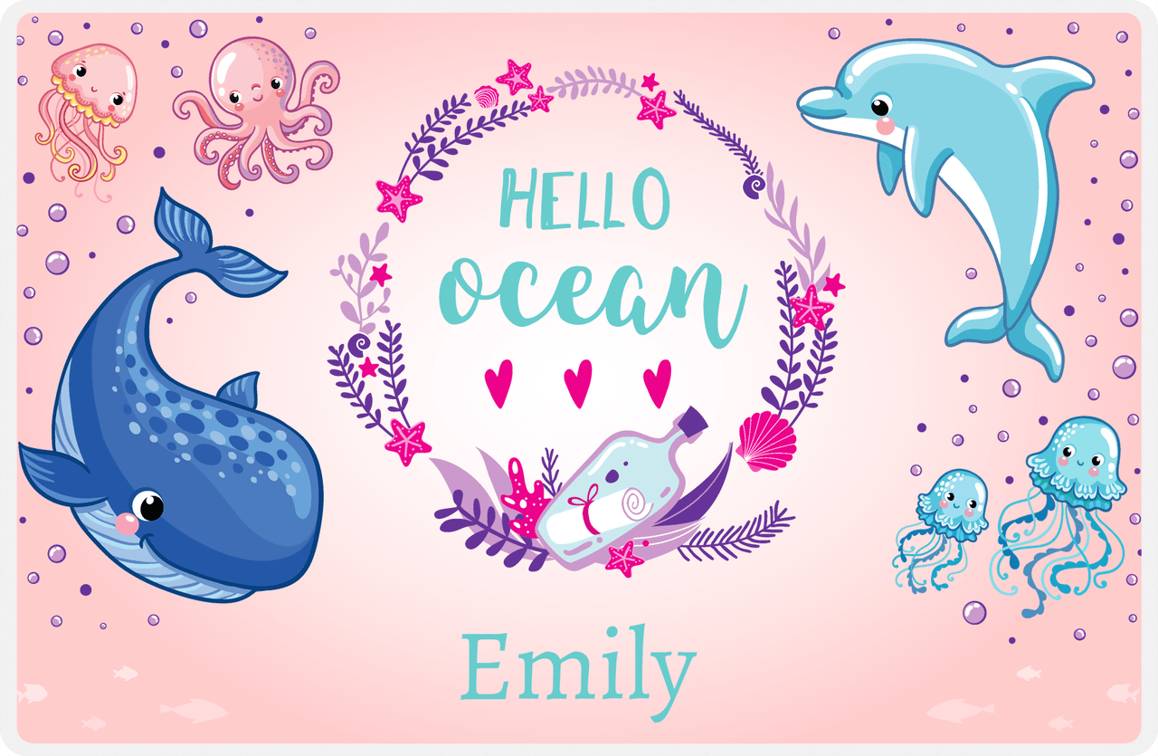 Personalized Beach Animals Placemat XII - Hello Ocean - Pink Background -  View