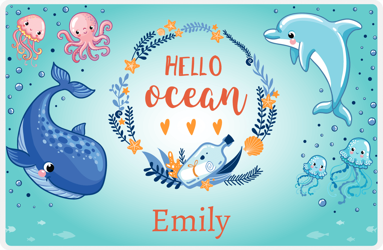 Personalized Beach Animals Placemat XII - Hello Ocean - Teal Background -  View