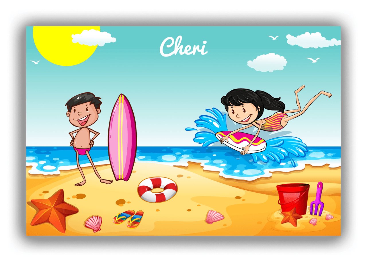 Personalized Beach Canvas Wrap & Photo Print X - Bodyboarding - Black Hair Girl - Front View