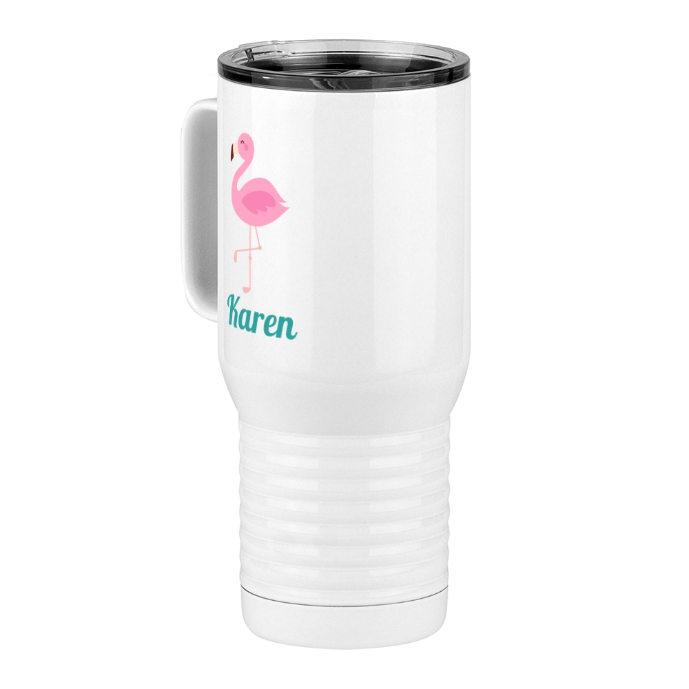 Personalized Beach Fun Travel Coffee Mug Tumbler with Handle (20 oz) - Flamingo - Front Left View