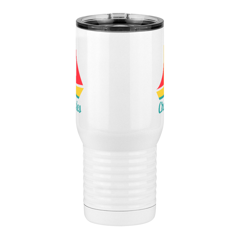 Personalized Beach Fun Travel Coffee Mug Tumbler with Handle (20 oz) - Sailboat - Front View