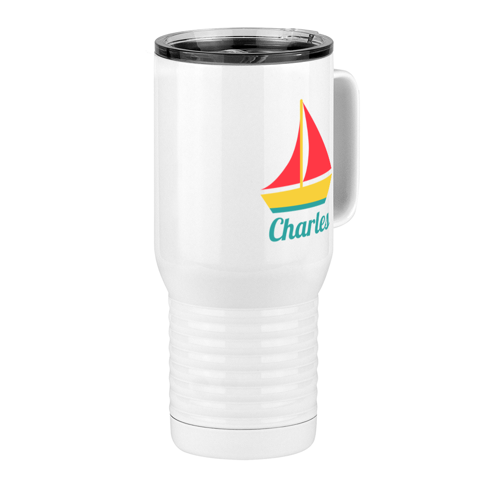 Personalized Beach Fun Travel Coffee Mug Tumbler with Handle (20 oz) - Sailboat - Front Right View