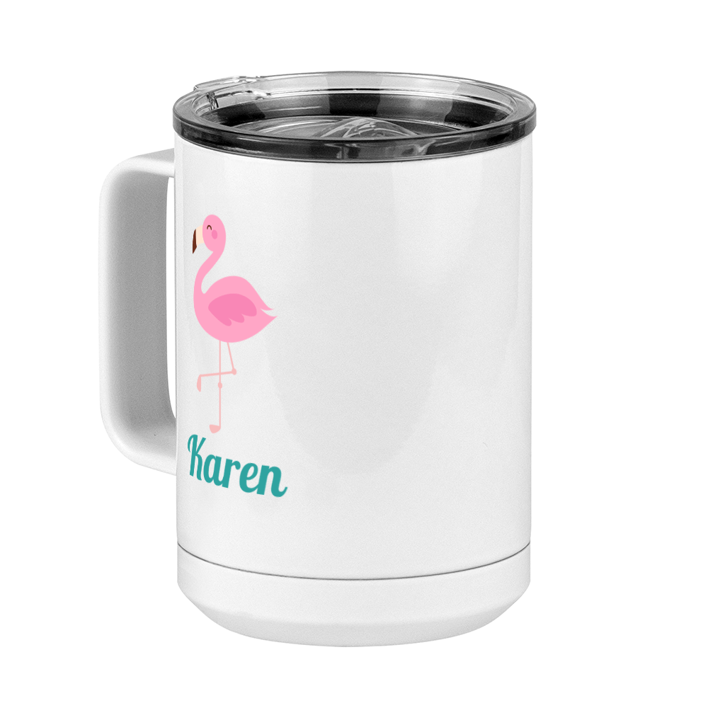 Personalized Beach Fun Coffee Mug Tumbler with Handle (15 oz) - Flamingo - Front Left View