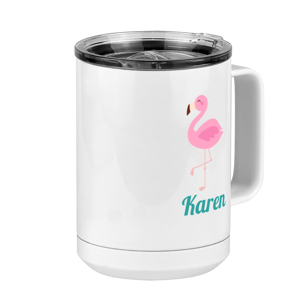 Personalized Beach Fun Coffee Mug Tumbler with Handle (15 oz) - Flamingo - Front Right View