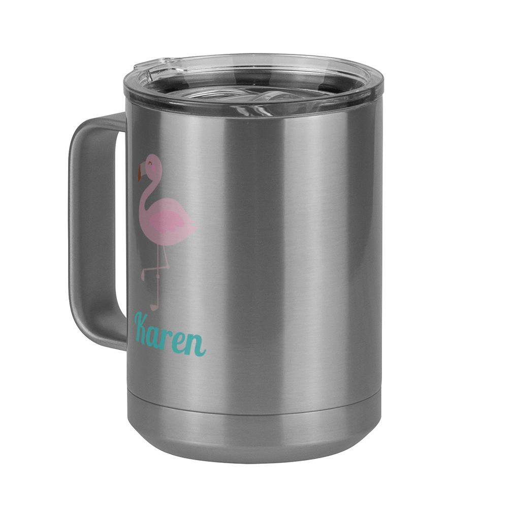 Personalized Beach Fun Coffee Mug Tumbler with Handle (15 oz) - Flamingo - Front Left View