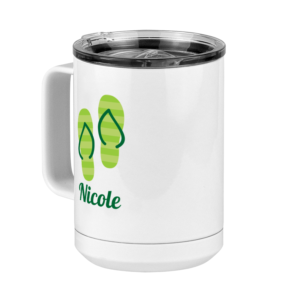 Personalized Beach Fun Coffee Mug Tumbler with Handle (15 oz) - Flip Flops - Front Left View