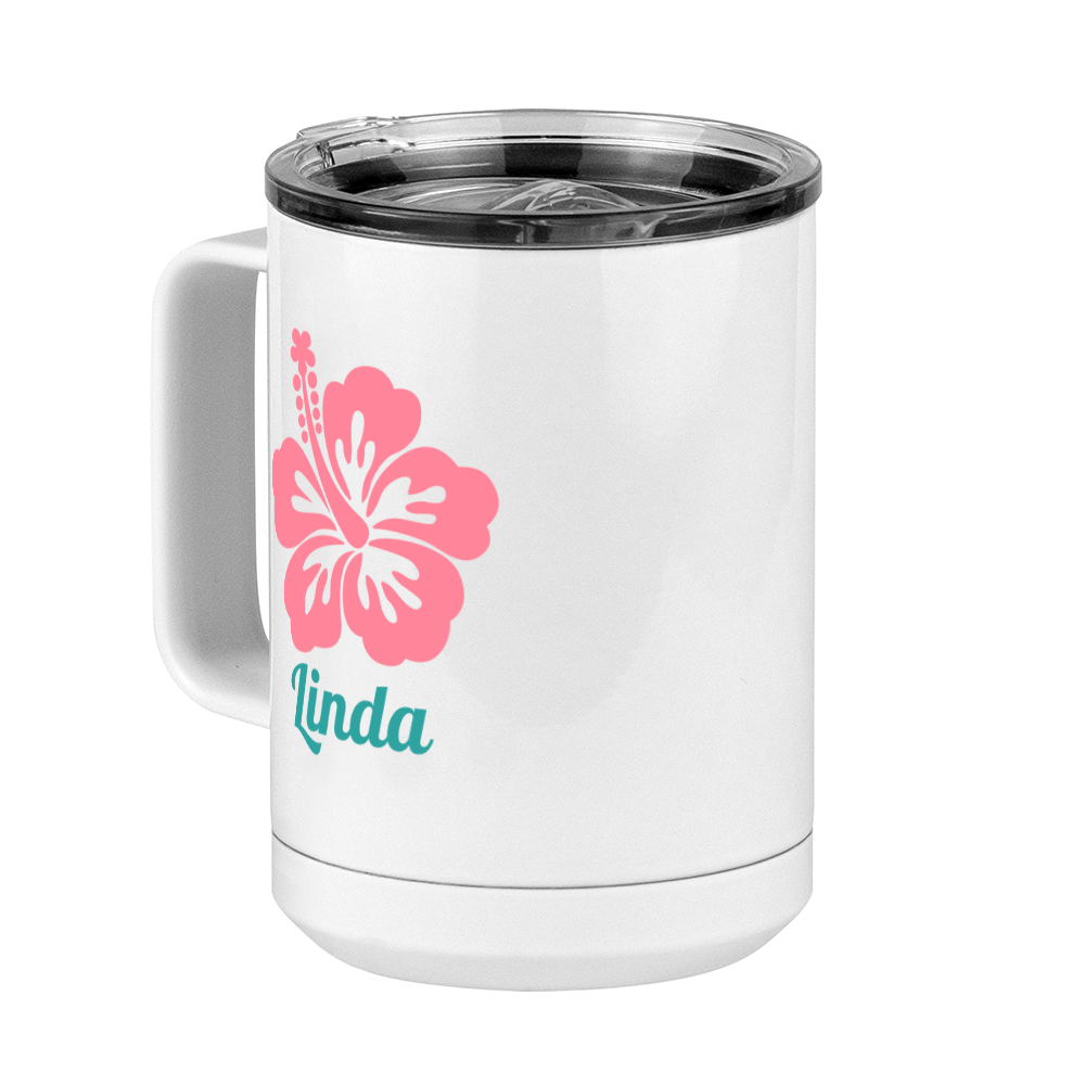 Personalized Beach Fun Coffee Mug Tumbler with Handle (15 oz) - Hibiscus - Front Left View