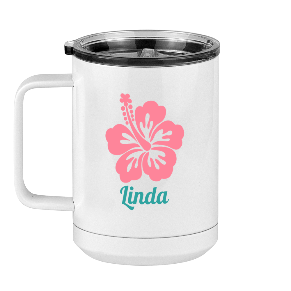 Personalized Beach Fun Coffee Mug Tumbler with Handle (15 oz) - Hibiscus - Left View