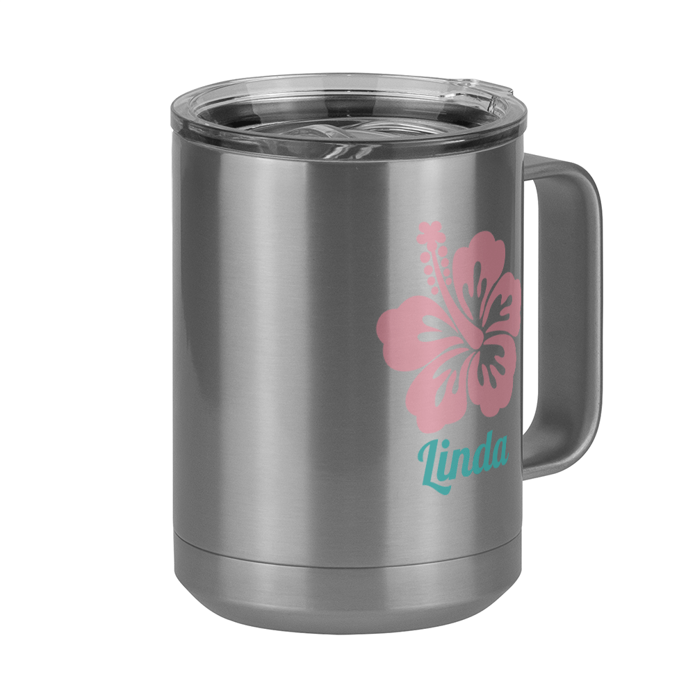 Personalized Beach Fun Coffee Mug Tumbler with Handle (15 oz) - Hibiscus - Front Right View