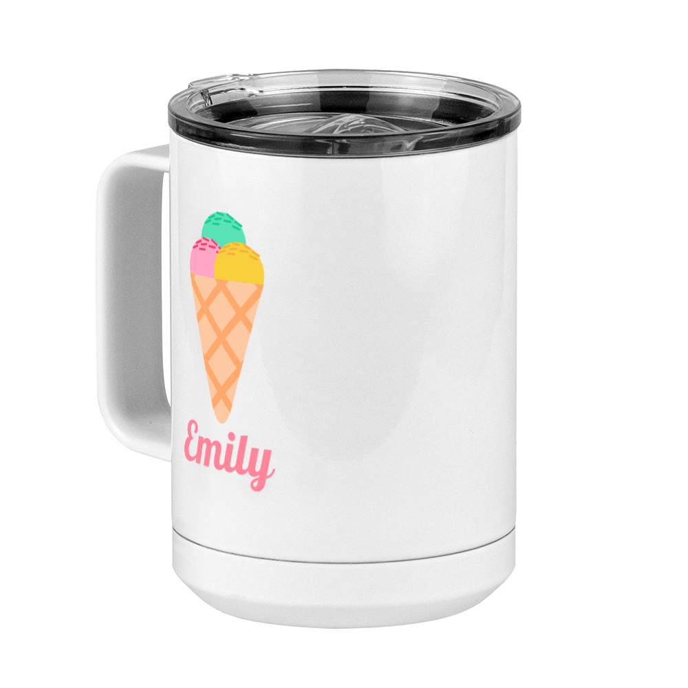 Personalized Beach Fun Coffee Mug Tumbler with Handle (15 oz) - Ice Cream Cone - Front Left View