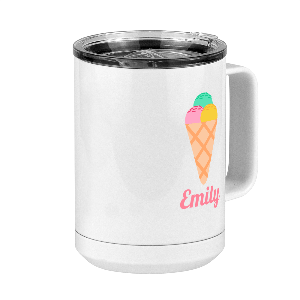 Personalized Beach Fun Coffee Mug Tumbler with Handle (15 oz) - Ice Cream Cone - Front Right View