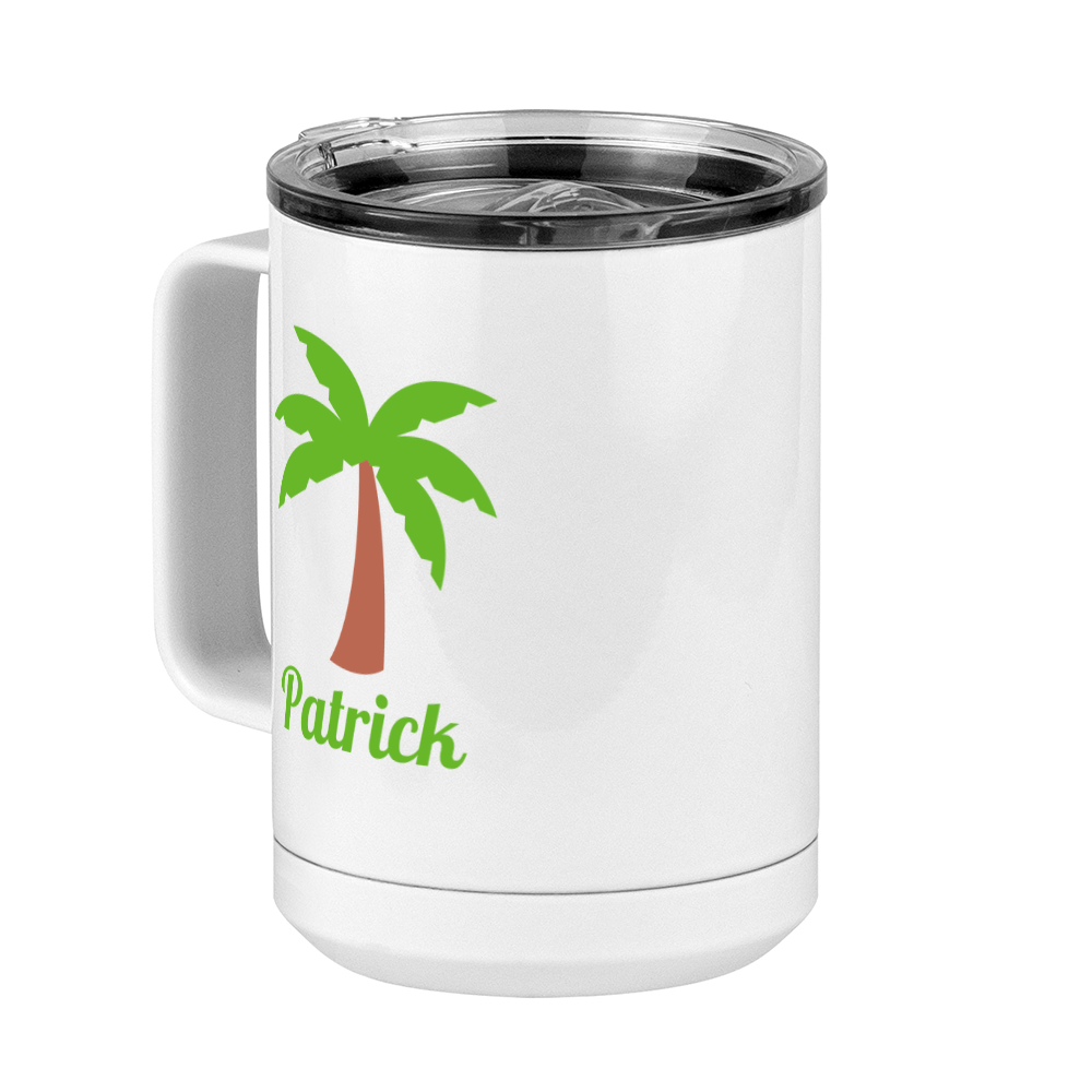 Personalized Beach Fun Coffee Mug Tumbler with Handle (15 oz) - Palm Tree - Front Left View