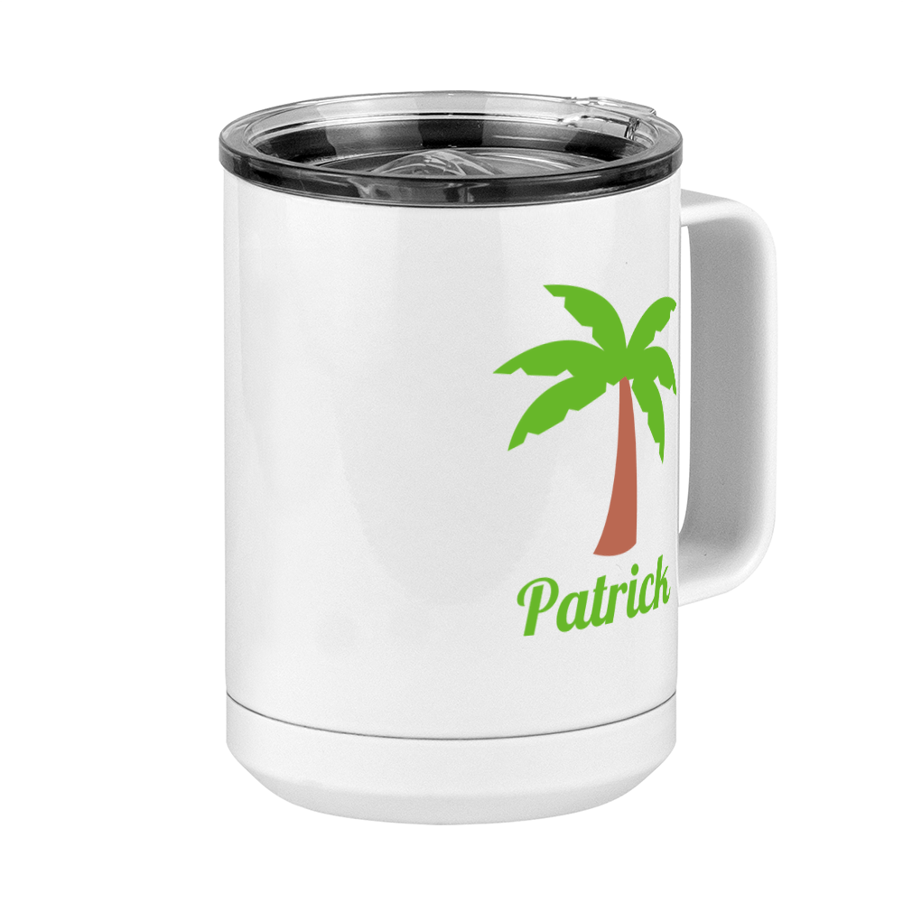 Personalized Beach Fun Coffee Mug Tumbler with Handle (15 oz) - Palm Tree - Front Right View